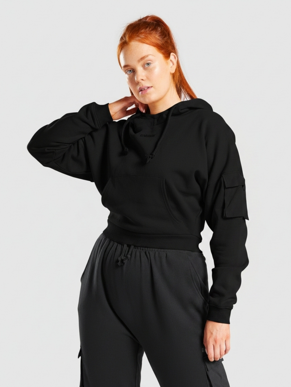 Gymshark Black Release Hoodie Cropped Cargo Style Pocket Details Womens sz small